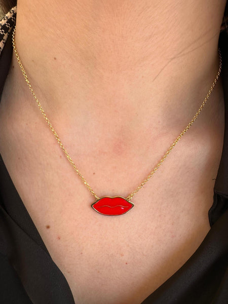 Collana bocca bacio smalto rosso Argento