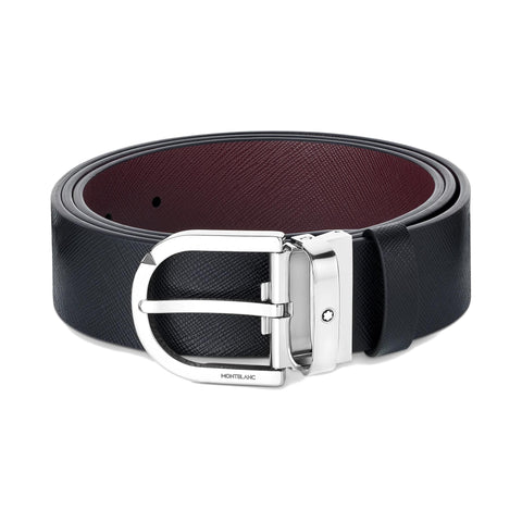 Cintura Montblanc reversibile in pelle stampata nera/mosto da 35 mm con fibbia a ferro di cavallo