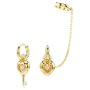 Orecchini pendenti con ear cuff Idyllia Taglio misto, Cuore con chiave, Rosa, Placcato color oro
