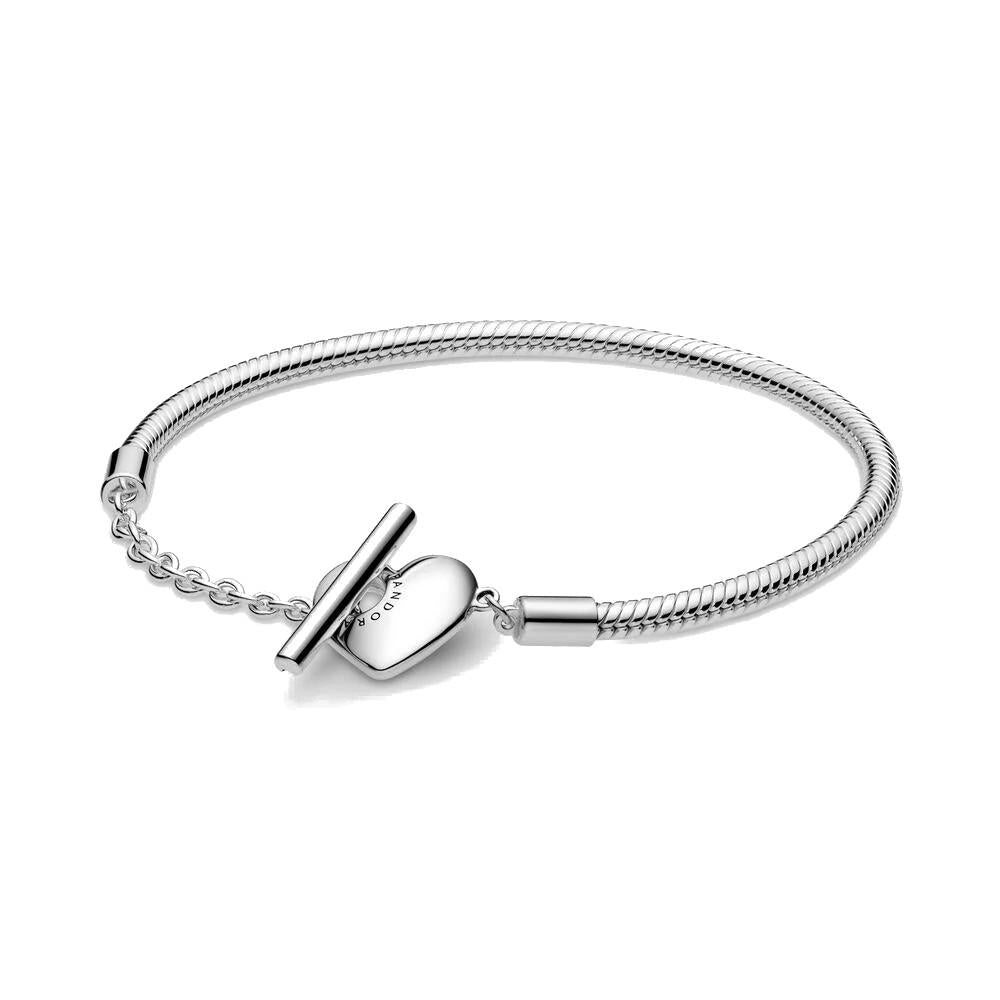 Bracciale Pandora Moments con maglia snake, cuore e barretta a T misura 17cm