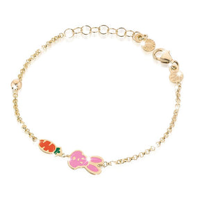 Bracciale oro giallo carota e coniglietto con smalto colorato