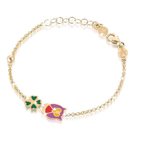 Bracciale oro giallo quadrifoglio e civetta con smalto colorato