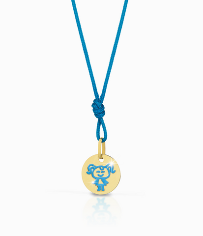 Pendente medaglia in oro con disegno vergine in smalto azzurro