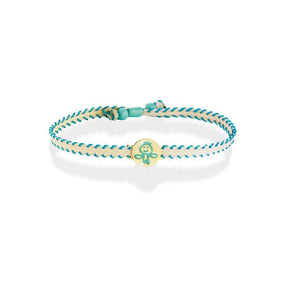 Bracciale in oro giallo bilancia in smalto  celeste e cordino in tessuto canvas